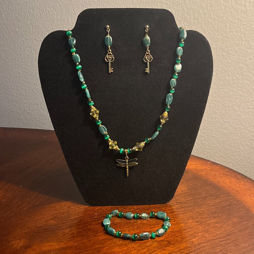 Handmade Beaded Jewelry Set - Green Dragonfly and Keys